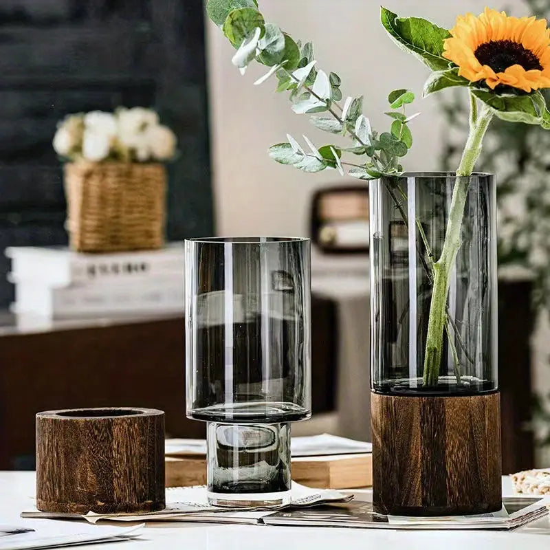 Chic Nordic-Inspired Glass Vase with Wooden Base