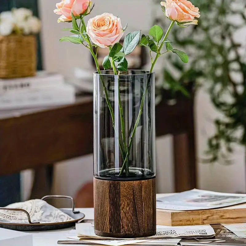 Chic Nordic-Inspired Glass Vase with Wooden Base
